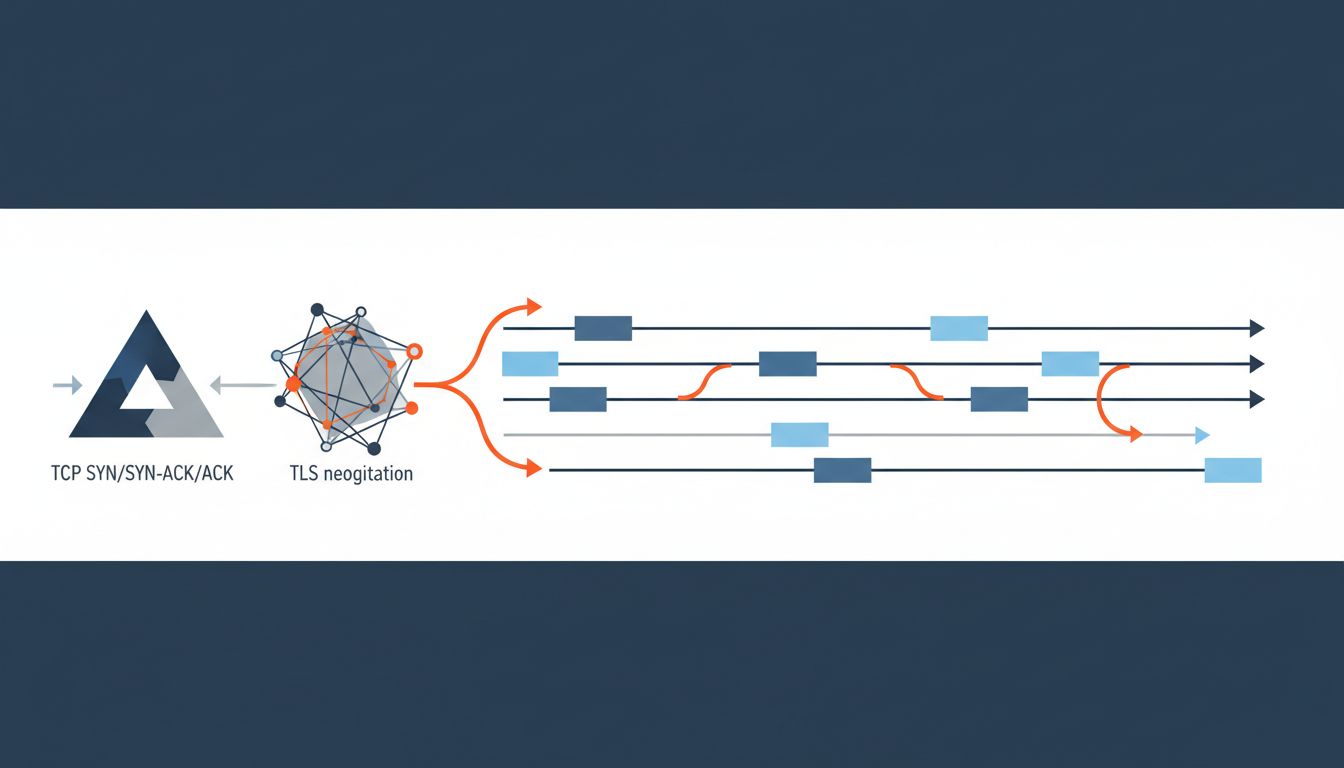 Abstract diagram representing TCP three-way handshake and TLS negotiation as sequential geometric patterns