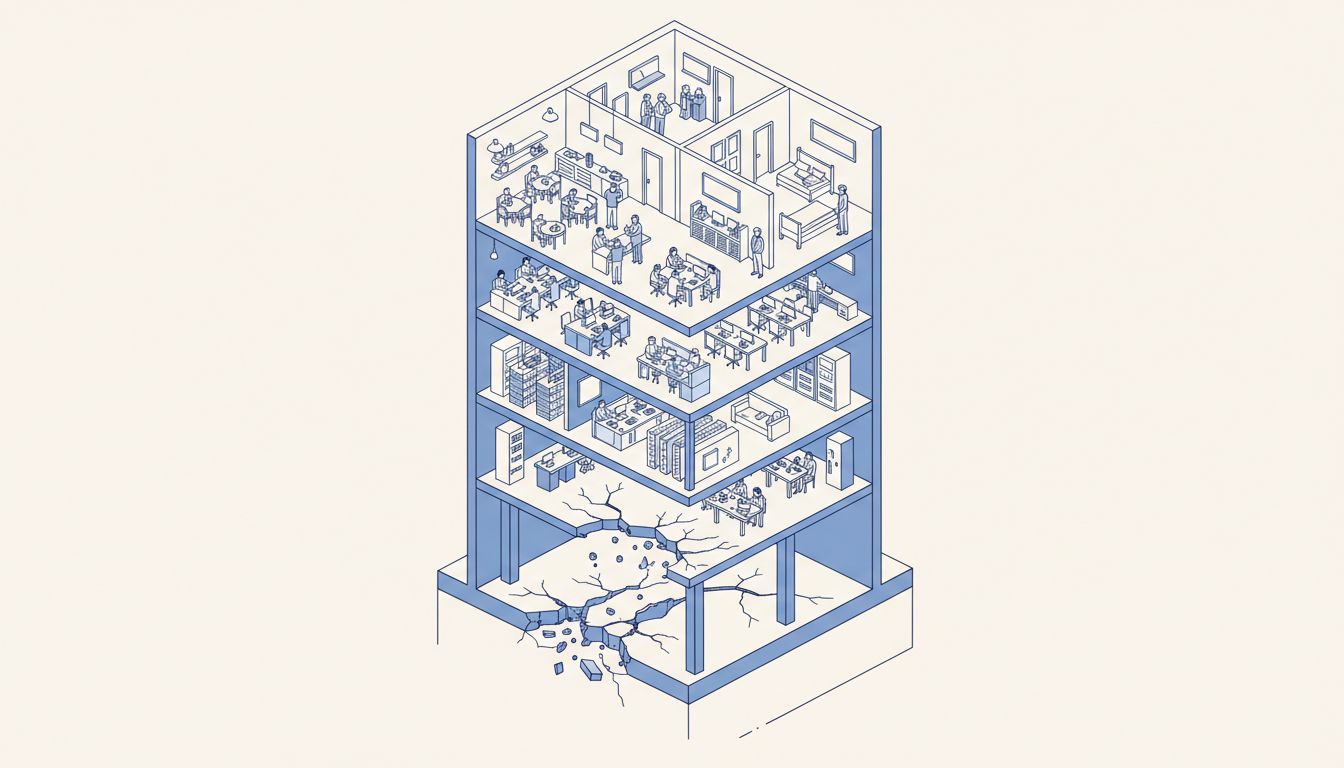 Isometric cross-section of a building with a cracked narrow foundation supporting busy upper floors