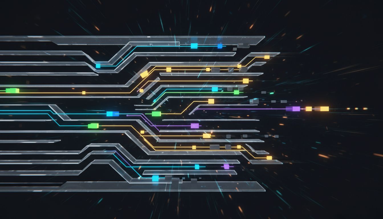 Abstract cross-section illustration of a CPU instruction pipeline with branching execution paths