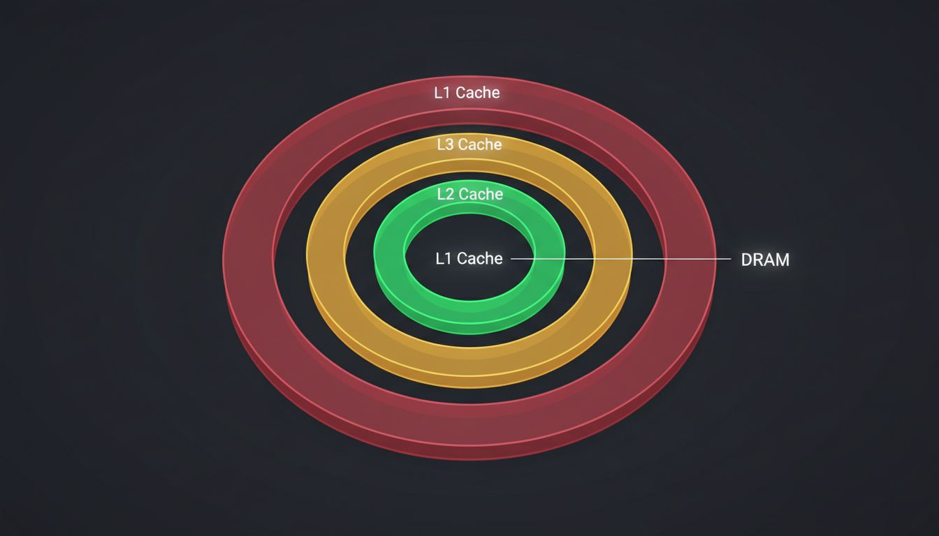 Diagram of CPU cache memory hierarchy showing L1, L2, L3 cache and DRAM with relative latency