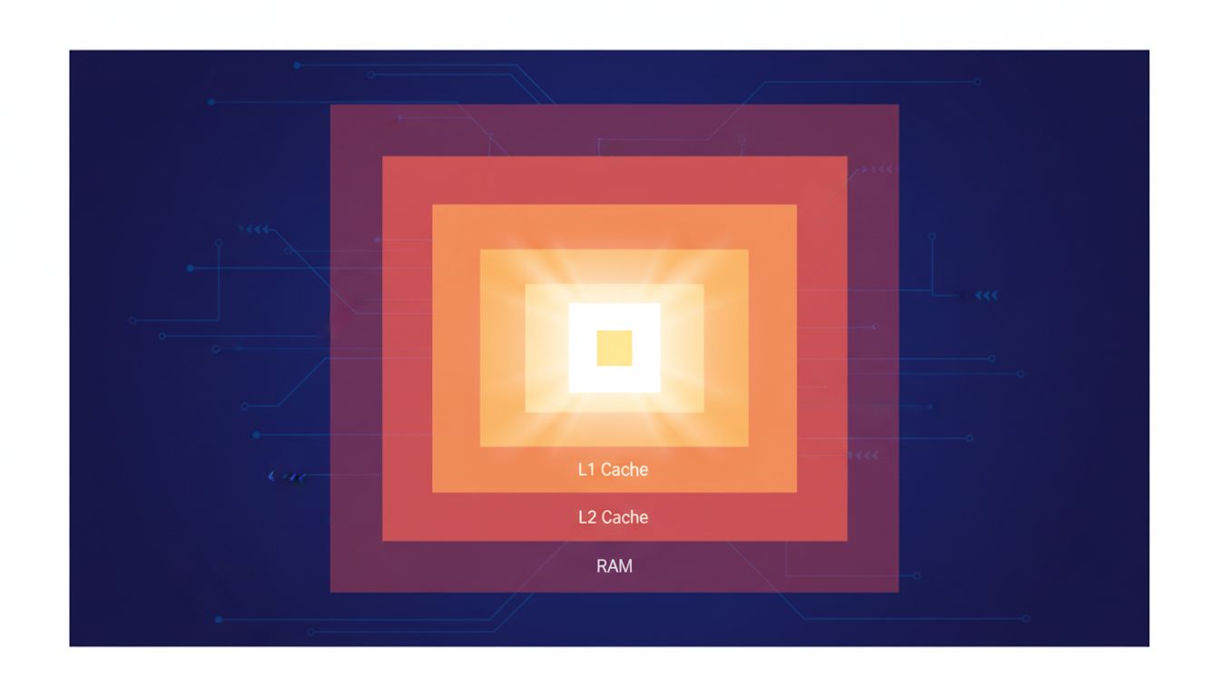 Diagram of CPU memory cache hierarchy showing L1, L2, L3 cache and main RAM as concentric zones