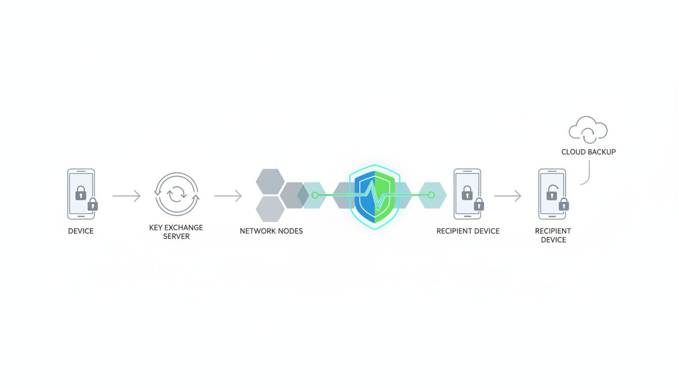 Flowchart of an encrypted message's full lifecycle from sender device through key servers to recipient and backup storage