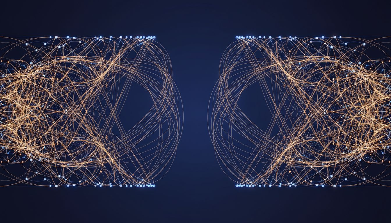 Abstract visualization of transformer attention weights across a long token sequence, showing dense connections at the edges and sparse connections in the middle