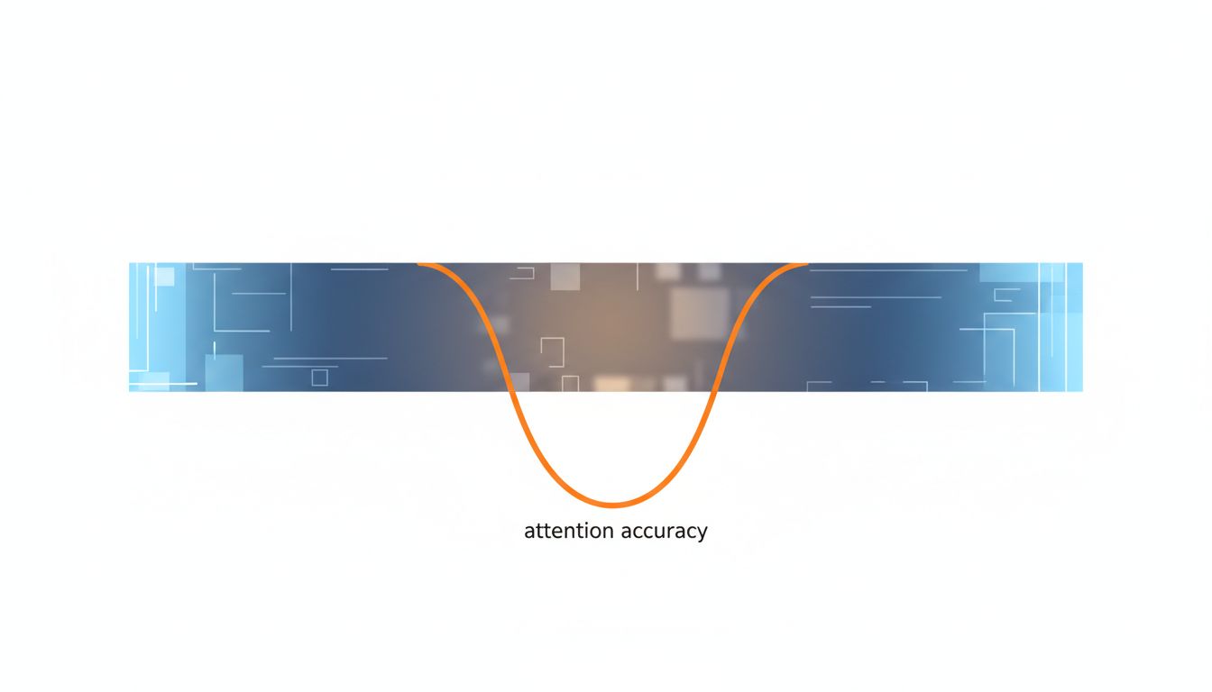 Diagram showing the U-shaped attention accuracy curve across a long context window, with strong retrieval at the beginning and end, weaker performance in the middle