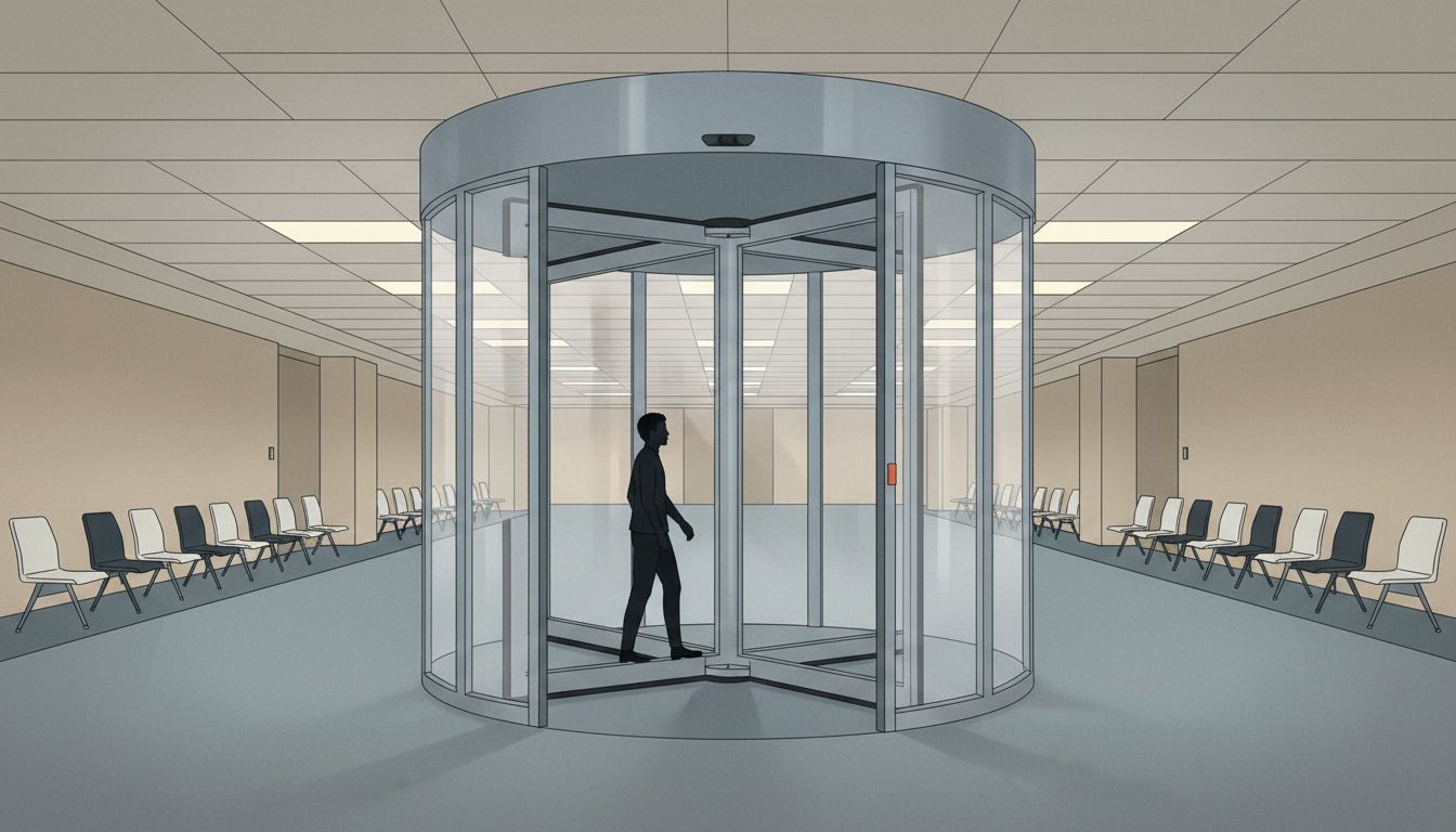 Figure caught in a revolving door leading back to an empty waiting room, representing the circular logic of investor traction requests