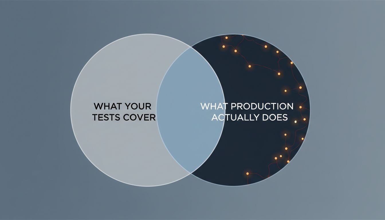 Venn diagram showing the gap between test coverage and production behavior, with failures clustered in the untested region