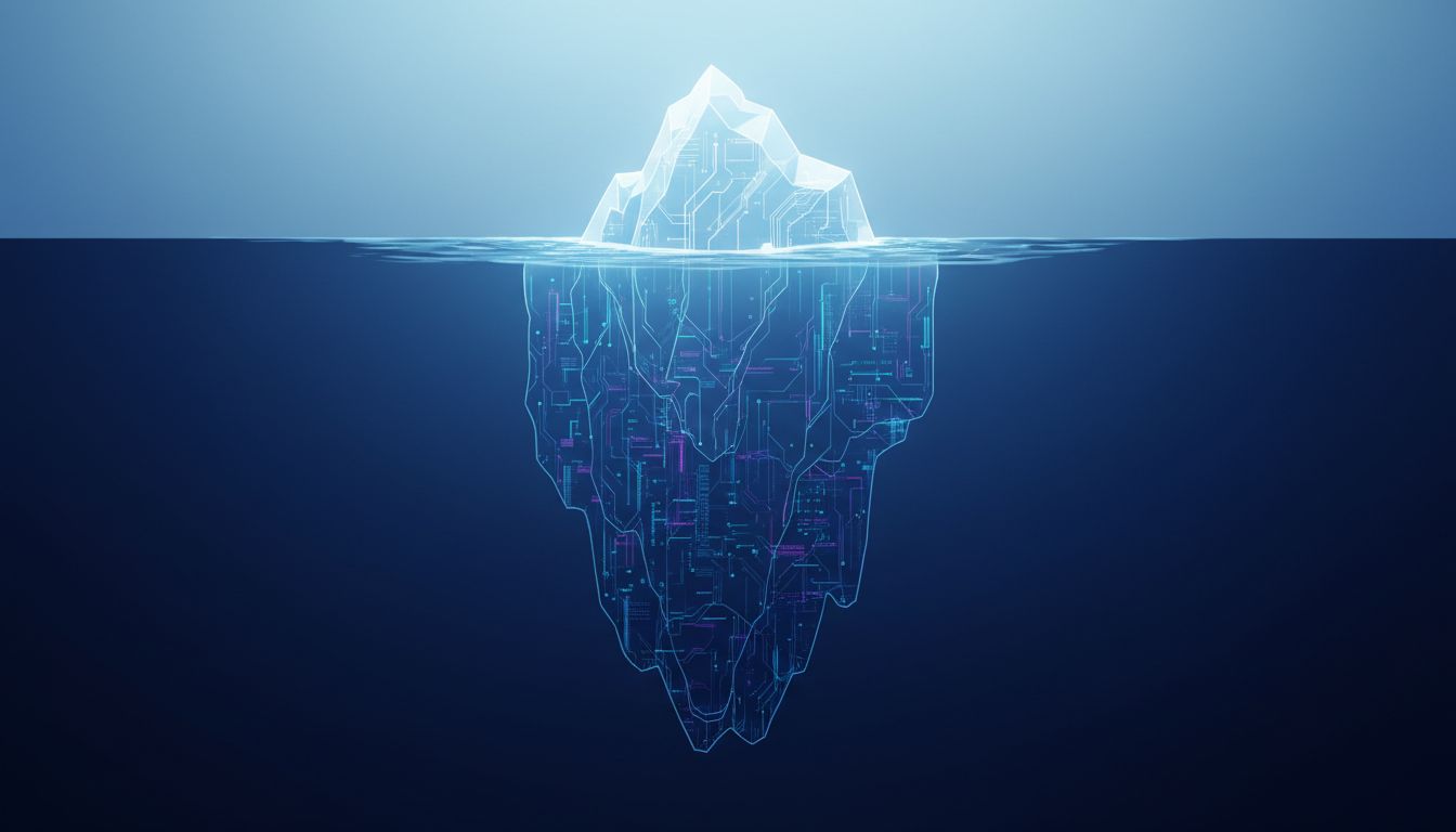 Iceberg diagram contrasting the small visible portion of tested system states with the vast submerged production state space