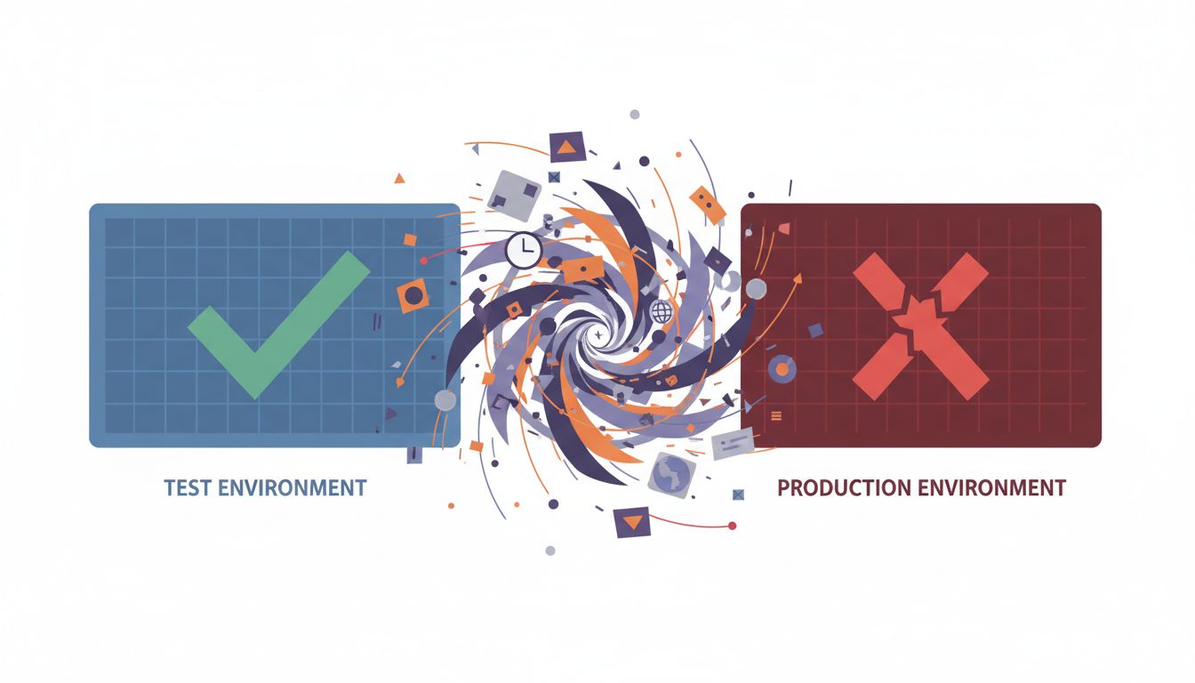 Tests passing on the left, production failing on the right, with chaos in between