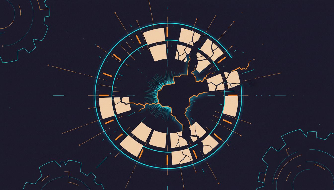 Abstract illustration of time zones, clocks, and calendar boundaries representing time-related bugs
