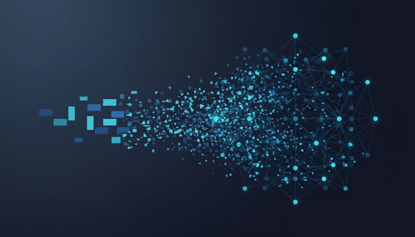Abstract illustration of data dissolving into a neural network, representing how training data becomes irreversibly embedded in model weights