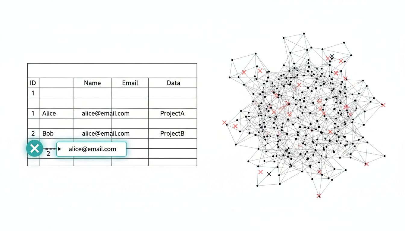 Diagram comparing database deletion (simple row removal) to neural network weight distribution, where individual data contributions cannot be isolated