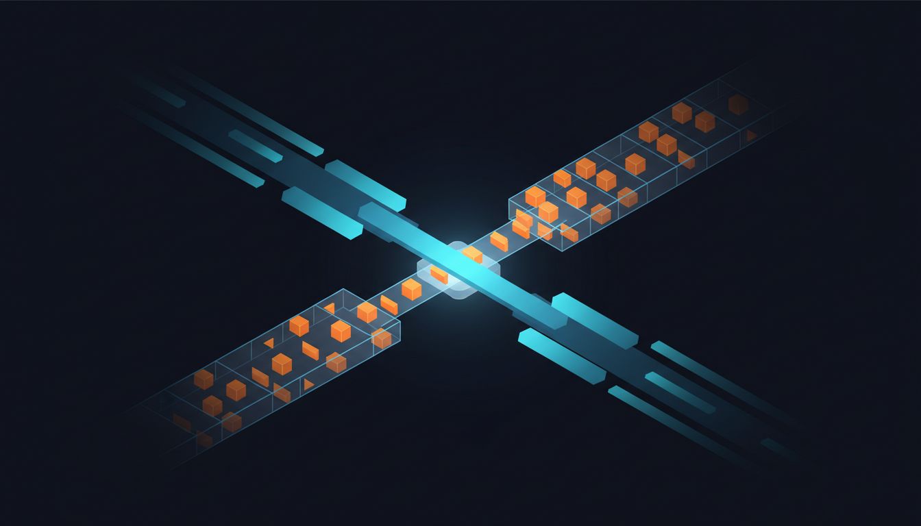 Abstract illustration showing two packet streams converging at a router node with one queued