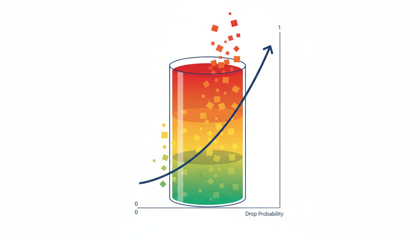 Diagram of WRED queue thresholds showing drop probability zones from green to red