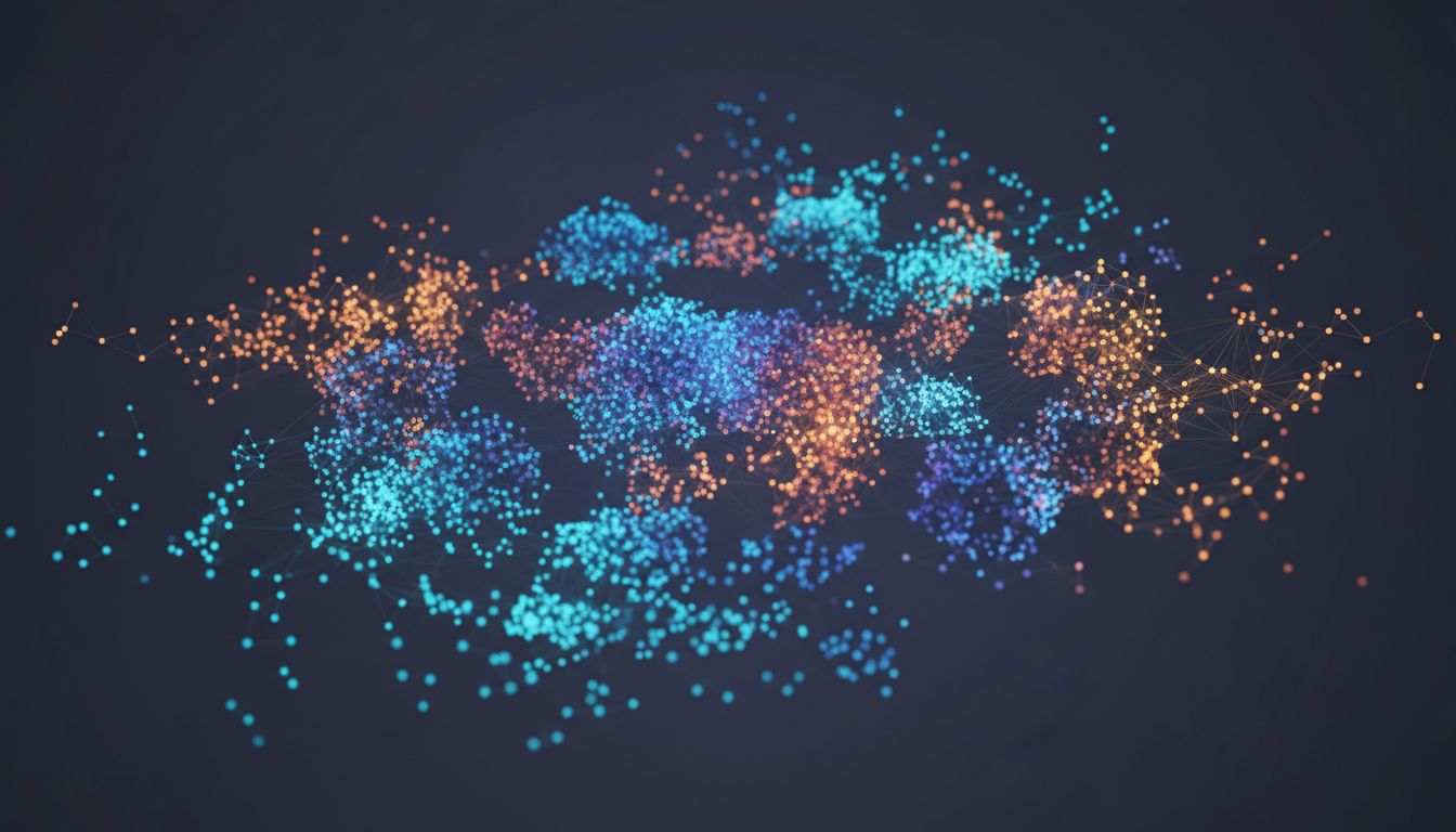 Abstract illustration of clustered points in a high-dimensional vector space representing artist embeddings