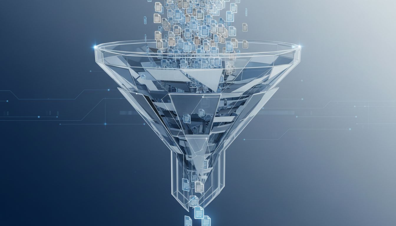 Abstract funnel diagram illustrating the high volume of pitch decks that enter venture capital firms and the few that emerge as investments