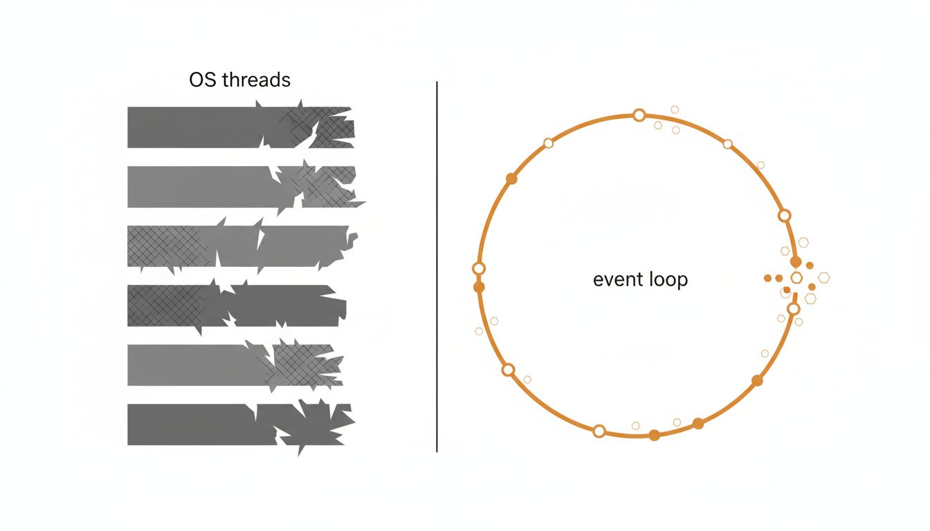 Diagram comparing blocked OS threads to a non-blocking event loop handling the same database wait