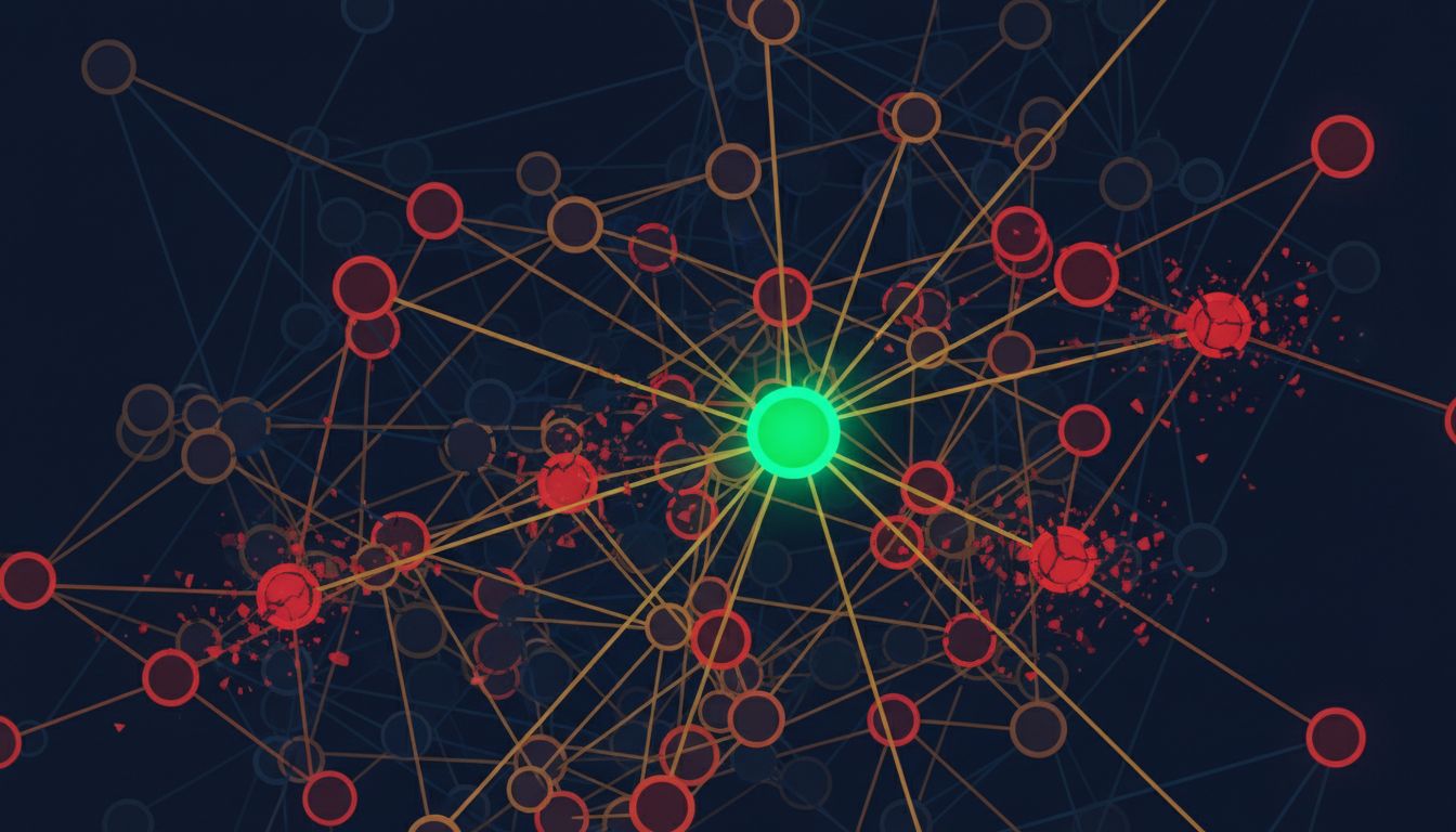 Abstract diagram of interconnected system nodes where fixing one causes cascading failures in others