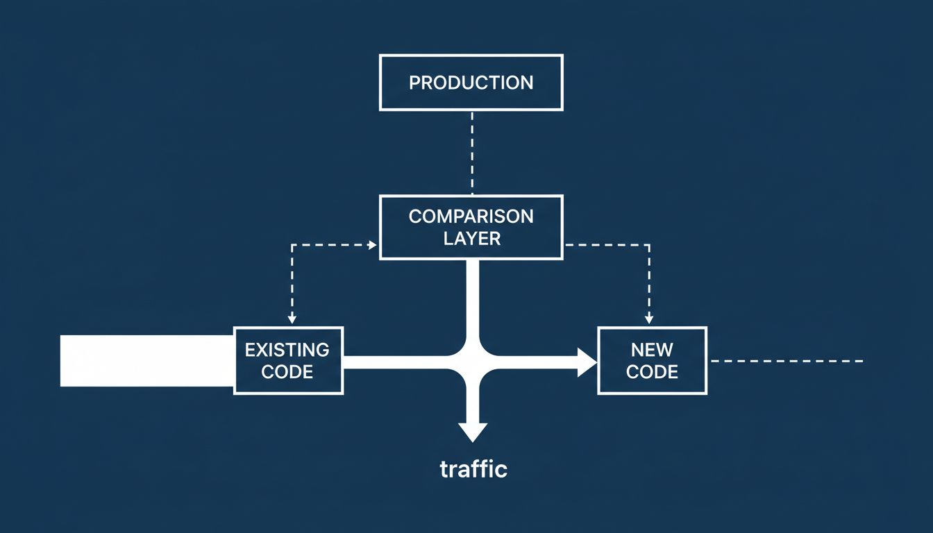 Diagram illustrating a staged rollout where a small percentage of traffic is routed through new code for comparison before full deployment