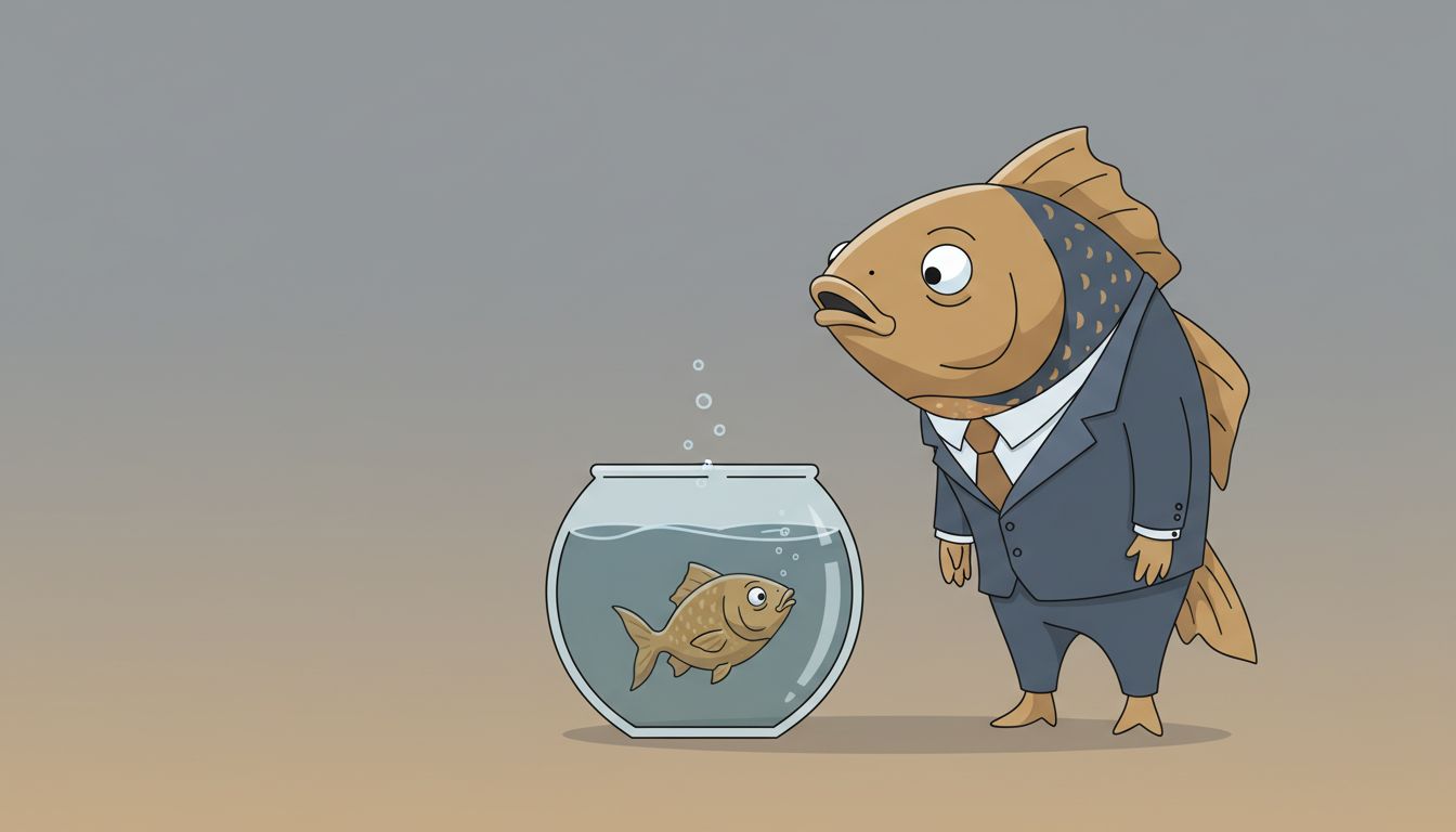 Large fish escaping a small bowl, representing a customer outgrowing and then competing with their vendor