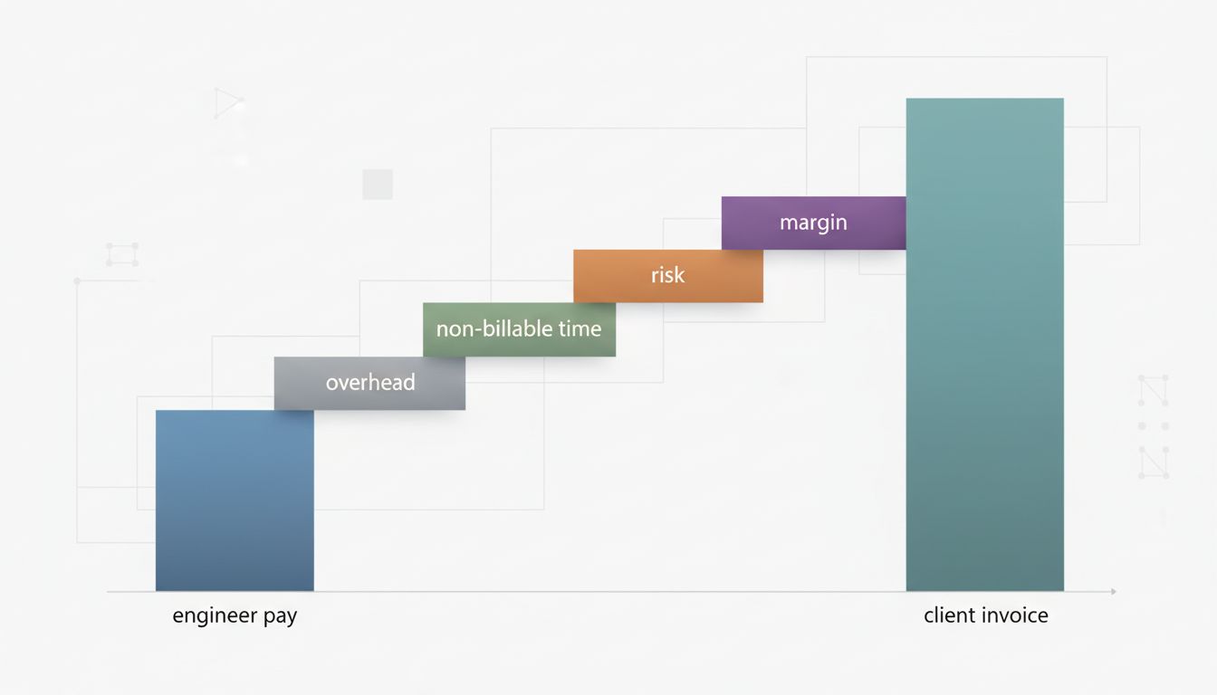 Waterfall chart illustrating how a junior engineer's hourly cost compounds into a client billing rate