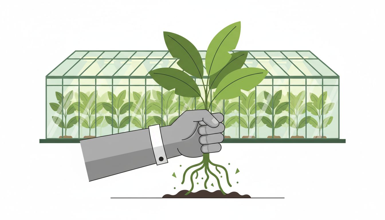 Illustration of a healthy plant being uprooted while a larger greenhouse operates in the background