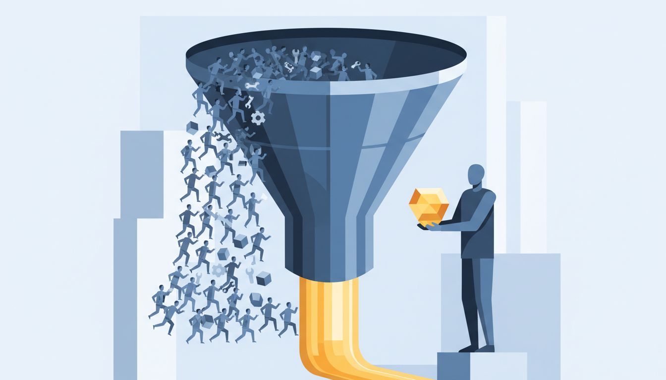 Abstract illustration of value flowing from many contributors through a narrowing funnel to a single recipient