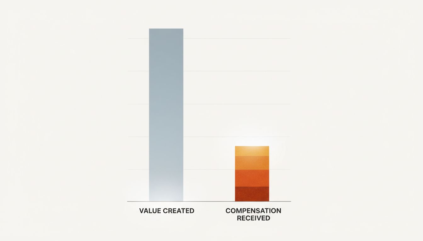 Diagram comparing the height of value created versus compensation received, showing a large disparity