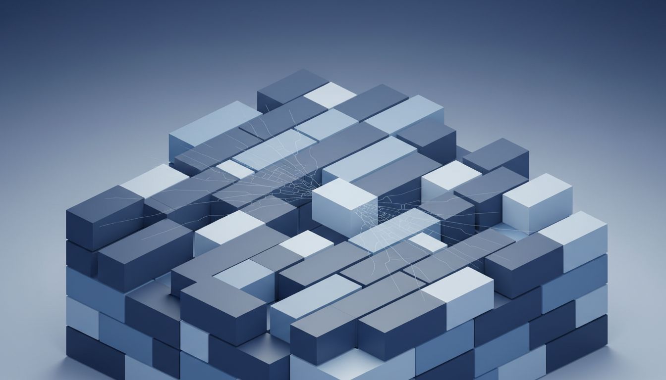 Abstract illustration of an interlocking structure developing fractures after a single element is removed
