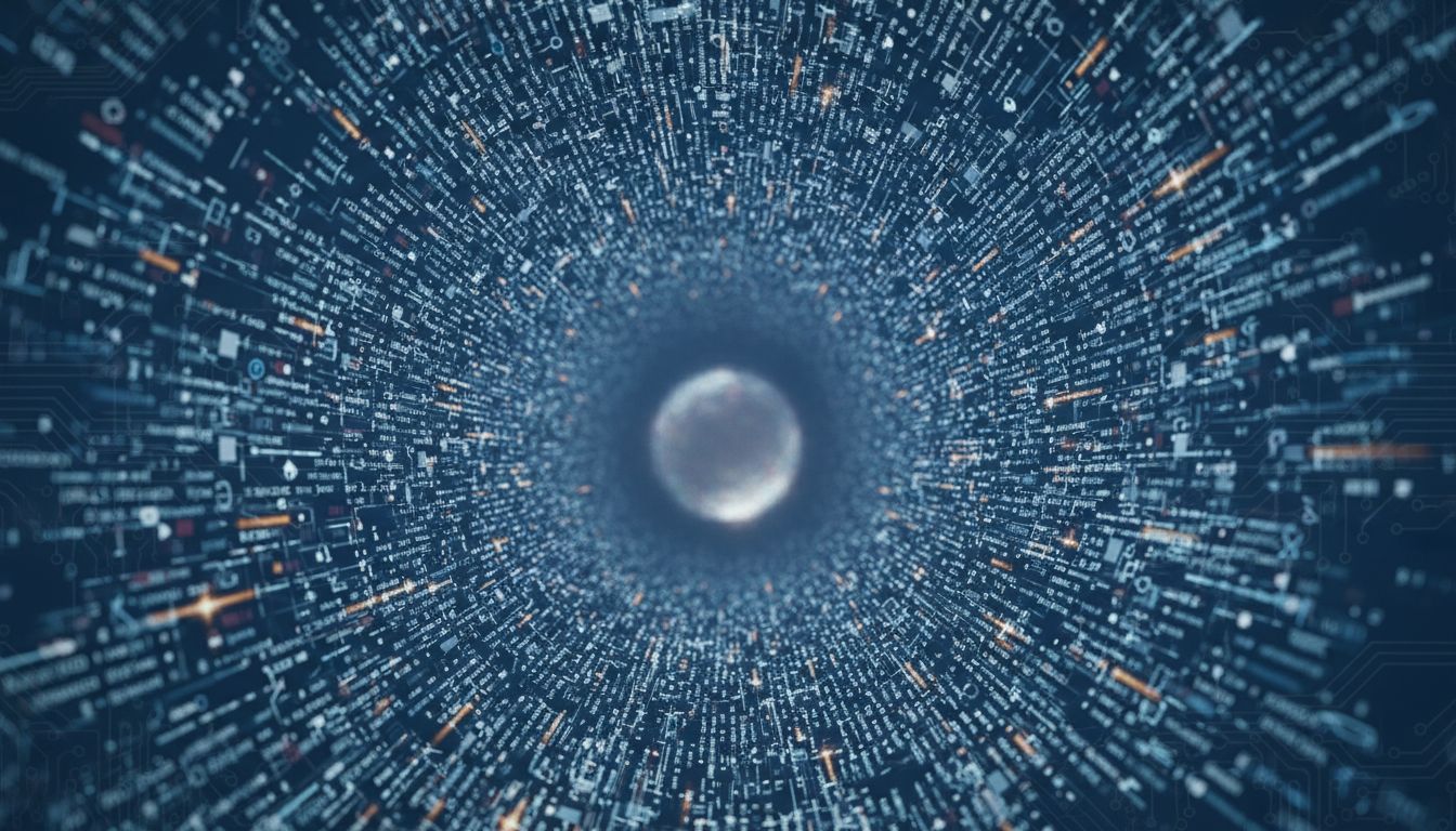 Abstract illustration of too much information overwhelming a central processing point, represented as a dimming node