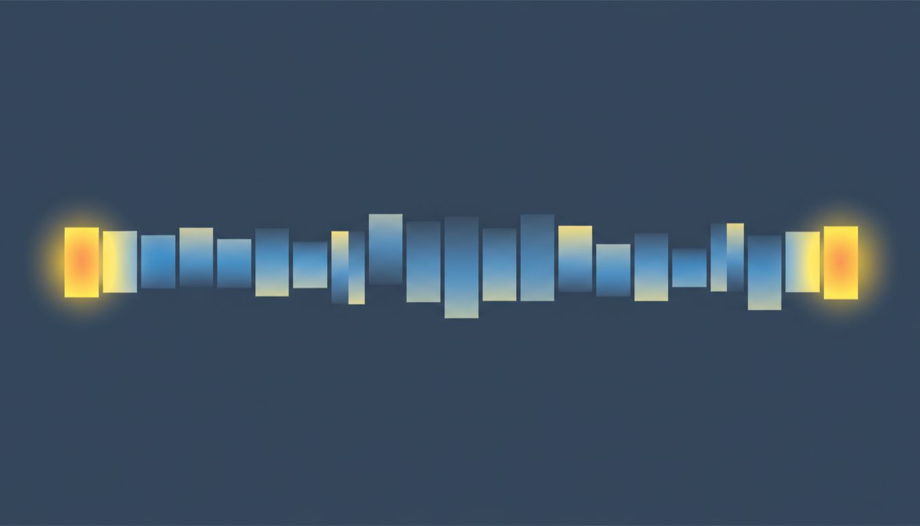 Diagram showing attention intensity across a text sequence, with middle sections receiving far less focus than beginning and end