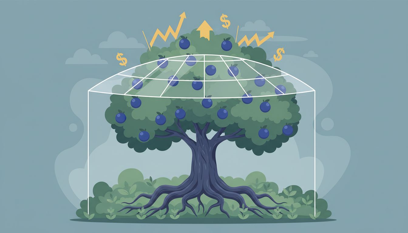 Illustration of a productive tree trapped beneath a glass ceiling, symbolizing open source projects unable to access venture capital despite their success