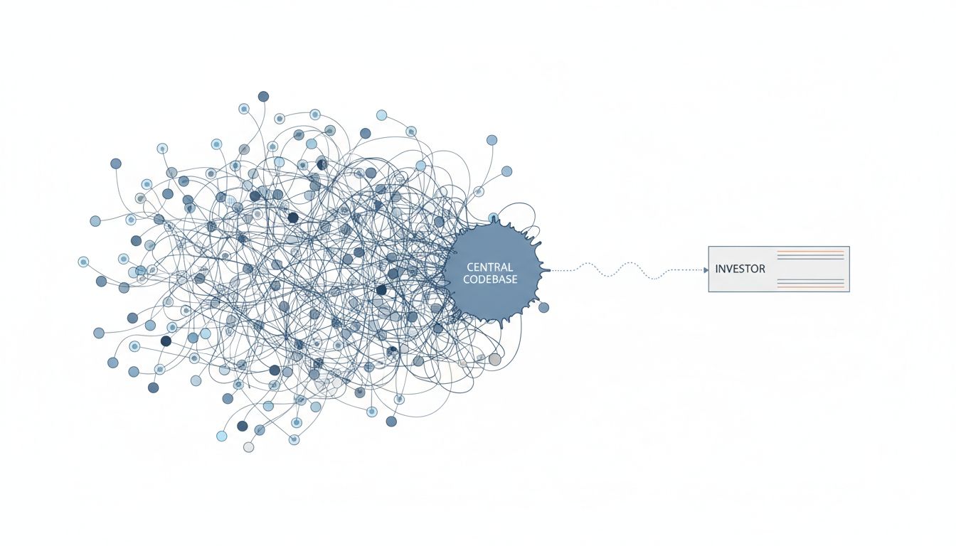 Diagram showing the complex web of open source contributors contrasted with the clean structure investors expect