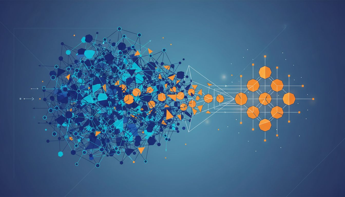 Abstract illustration of a large neural network being compressed into a smaller, more efficient model