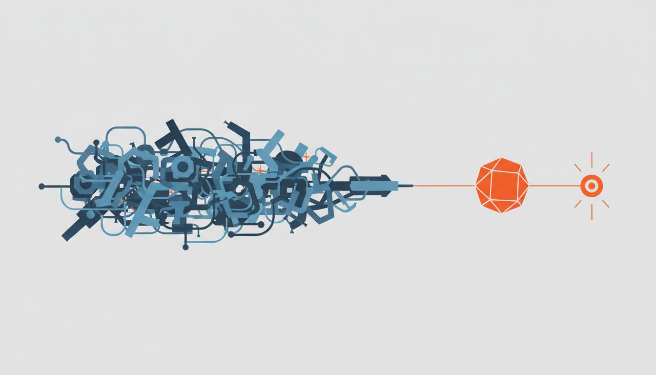 Diagram contrasting a large general-purpose model with a small specialized model hitting a precise target