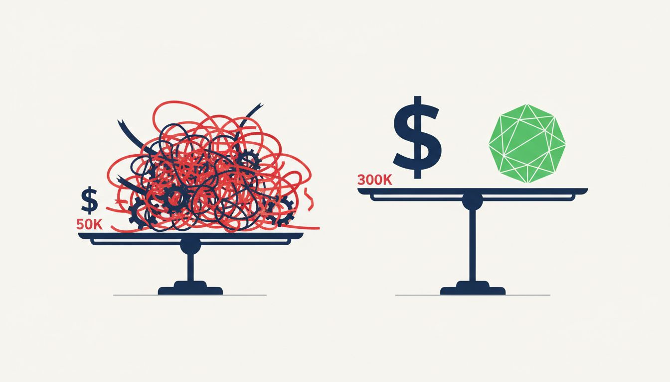 Two balance scales illustrating that the low-salary hire tips toward hidden costs while the high-salary hire stays balanced against value produced