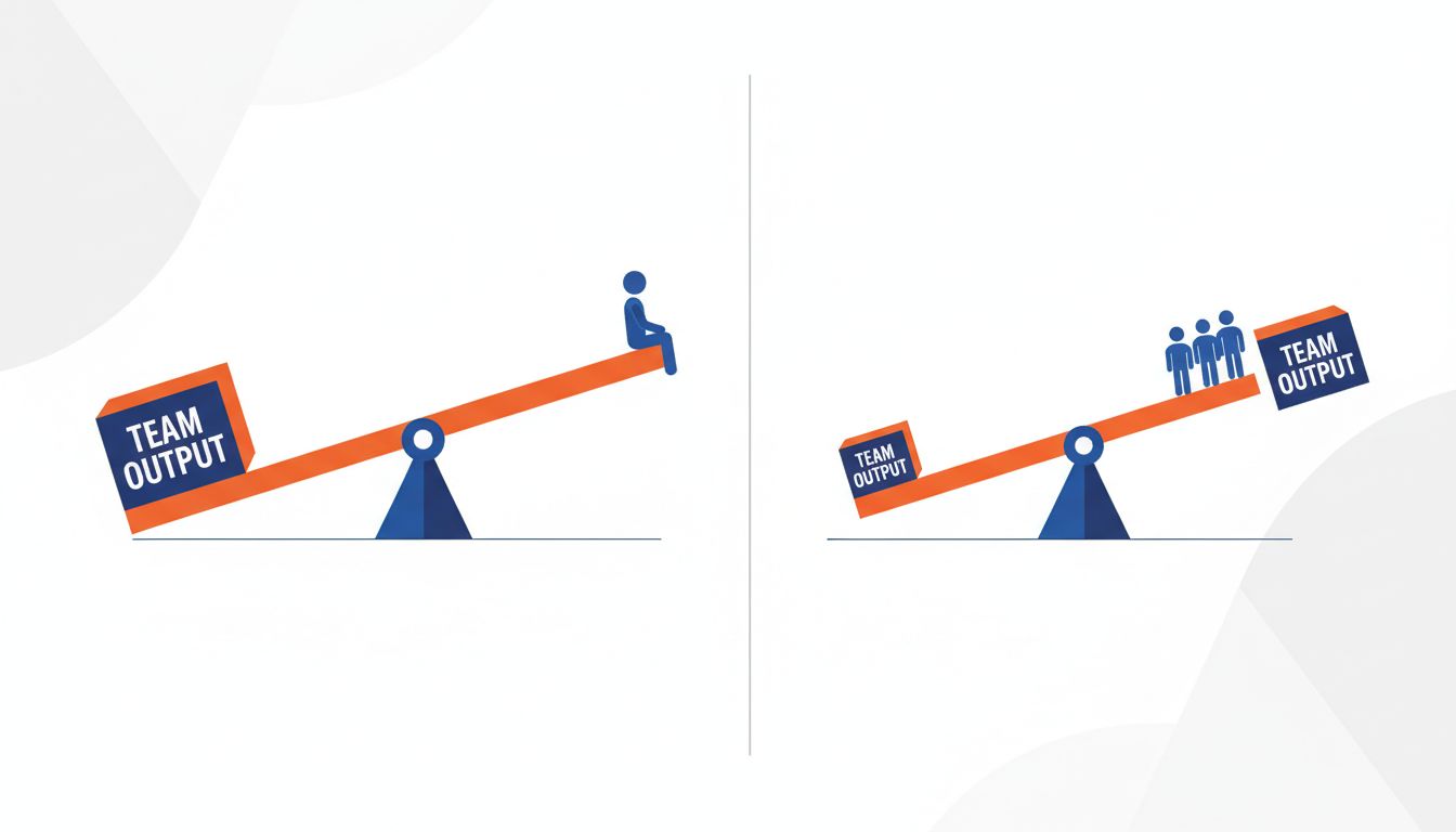 Diagram contrasting the leverage created by one senior hire versus three junior hires on engineering output