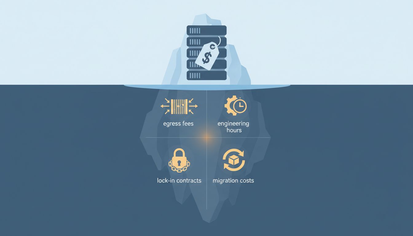 Iceberg illustration showing visible cloud compute costs above water and hidden costs like egress, lock-in, and labor below