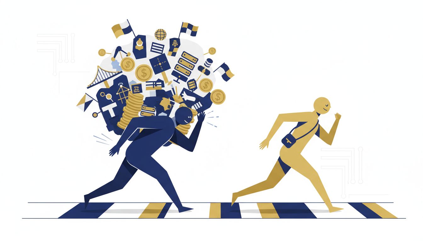 Abstract illustration of two competitors where the leader carries a heavy burden and the runner-up travels light
