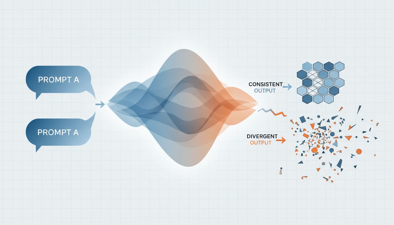 Diagram showing how identical prompts can produce divergent outputs due to sampling variation