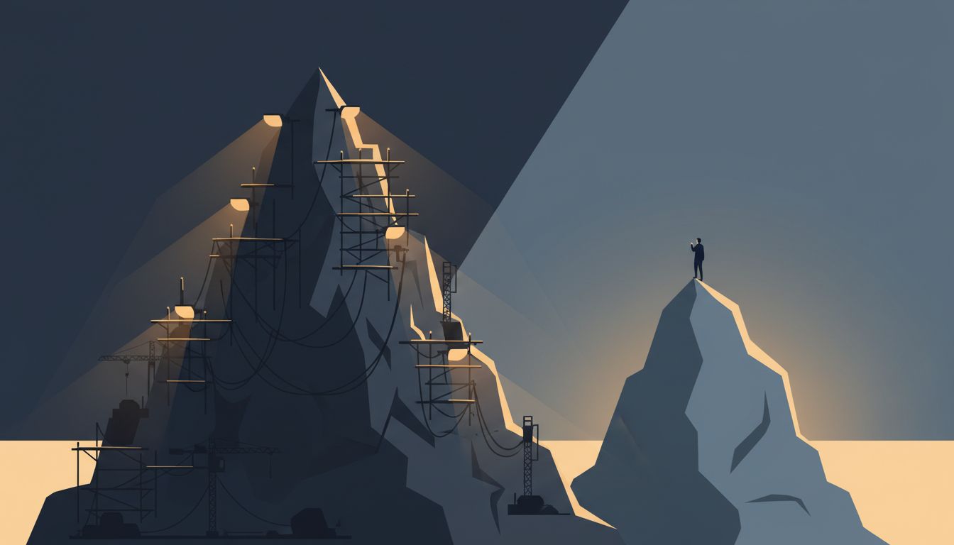 Illustration of two peaks where the taller one is burdened with infrastructure and the shorter one is free and efficient