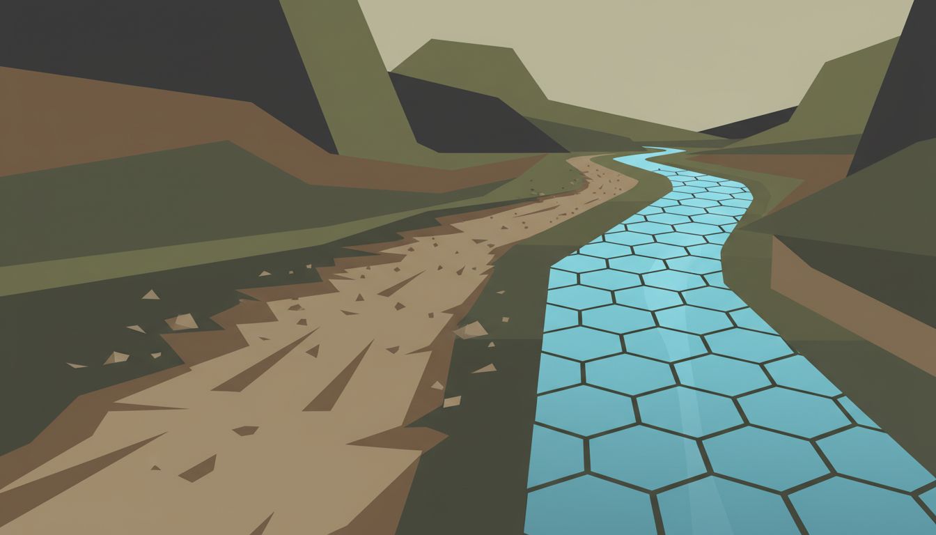 Abstract illustration of a rough pioneer path beside a smooth follower path through the same terrain