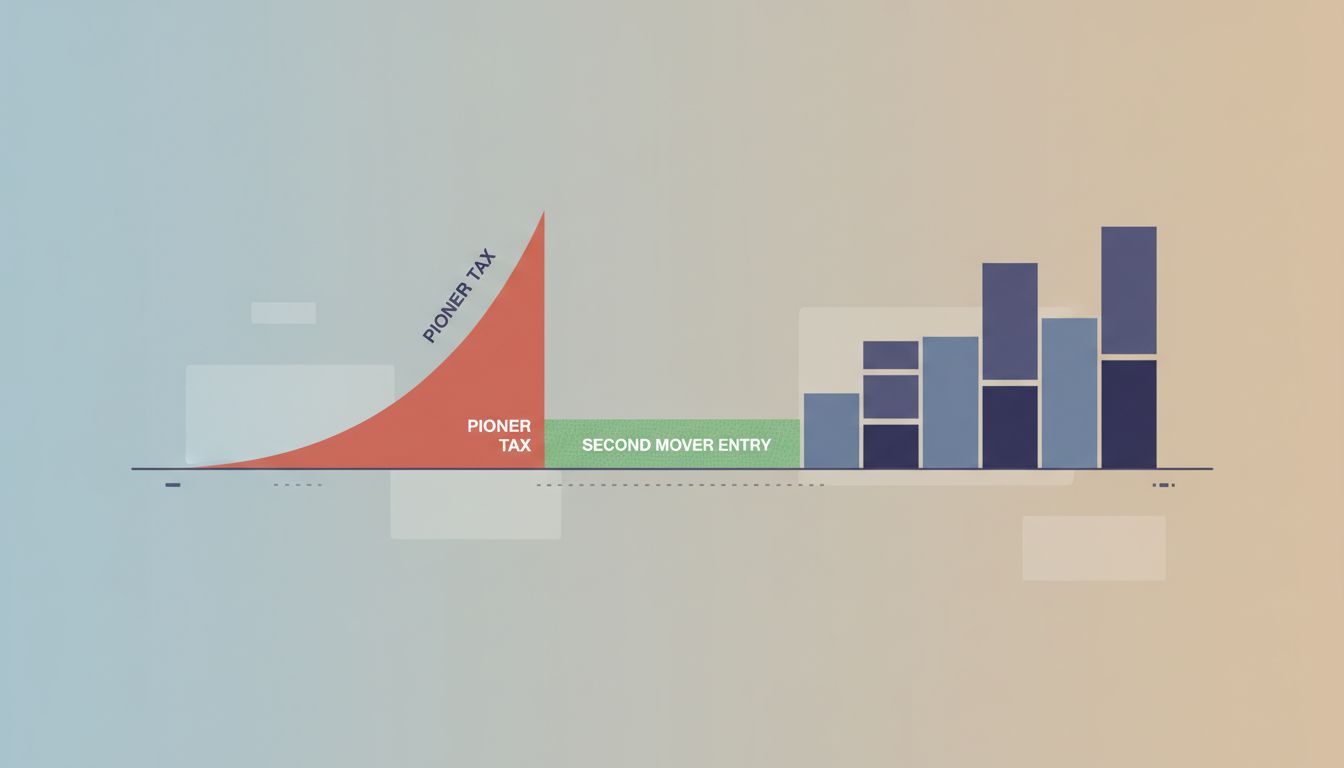 Diagram showing the optimal timing window for second-mover market entry between high pioneer costs and rising barriers to entry