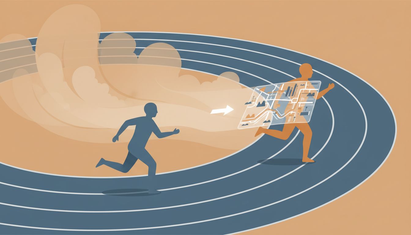 Second runner with a map overtaking a first runner running blind into fog