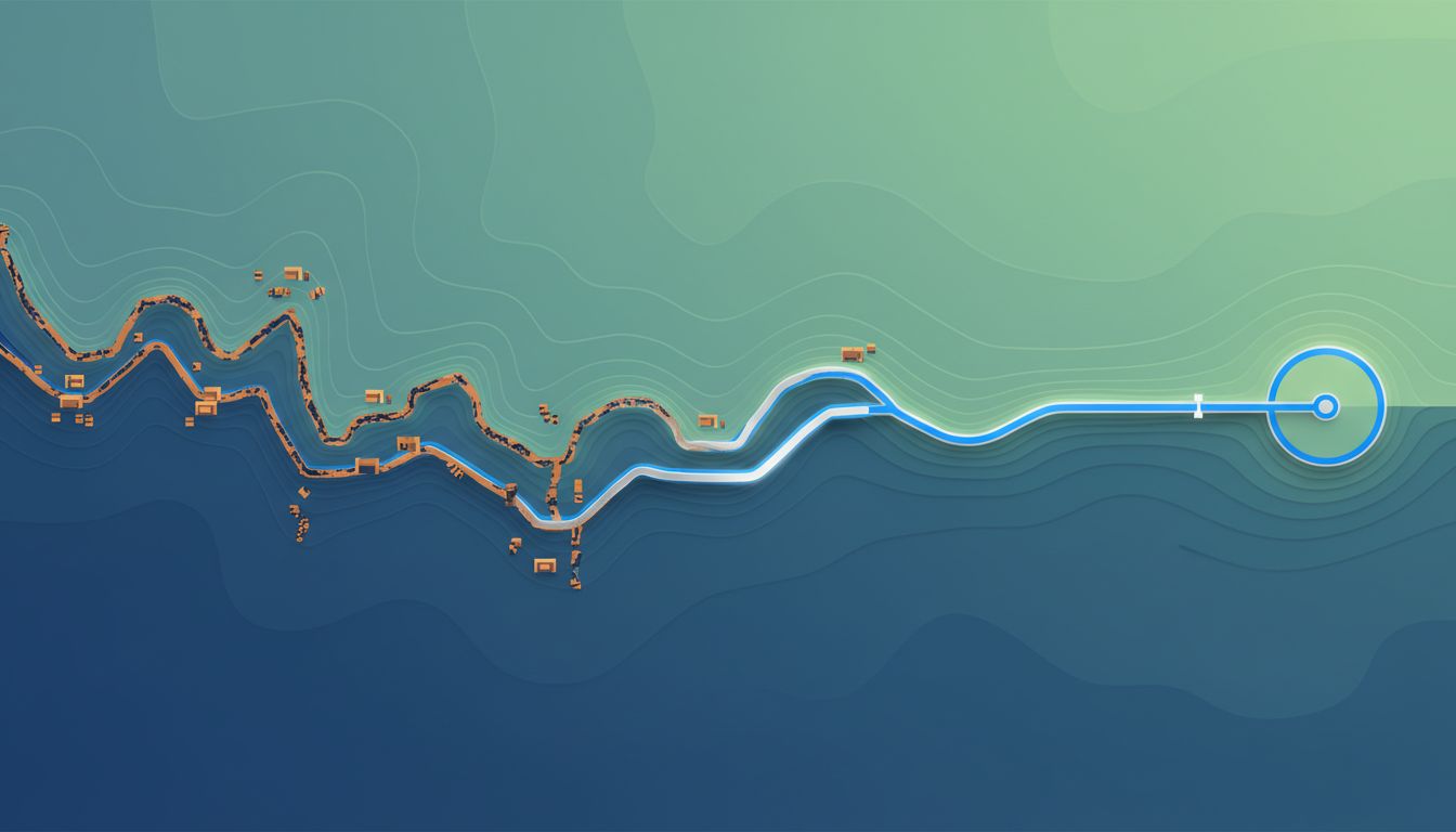 Abstract map showing a pioneer's jagged market path versus a fast follower's more direct route