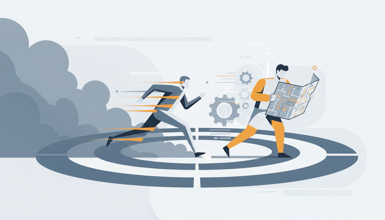 Abstract illustration of a second runner studying a map while a first runner disappears into fog ahead