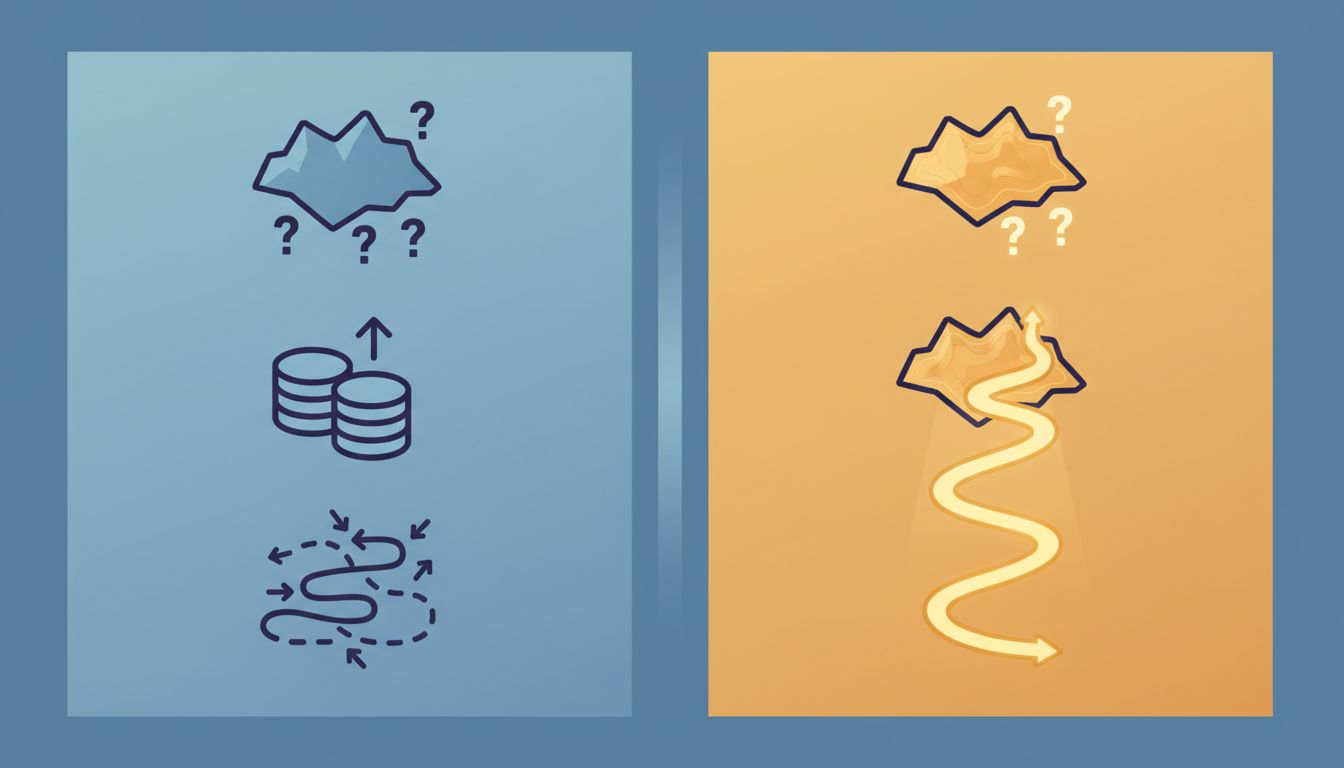 Diagram comparing the unmapped terrain a first-mover faces versus the charted path available to a second-mover