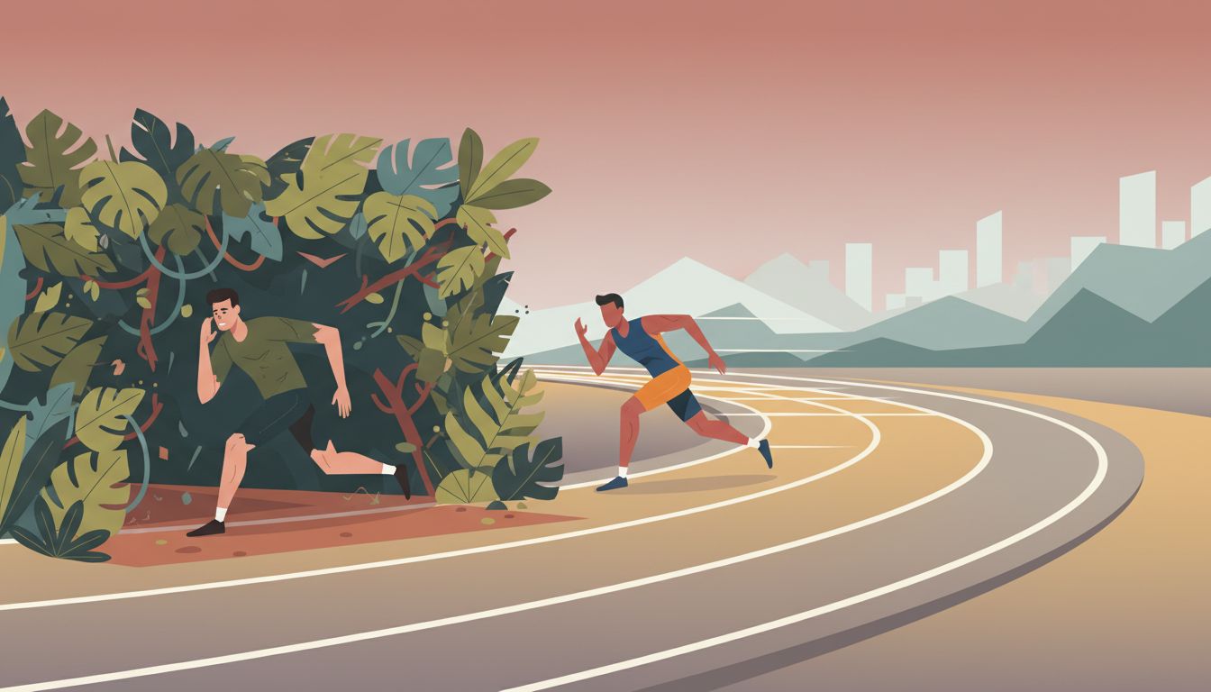 Illustration of two runners where the first clears a path through jungle while the second gains on clear ground