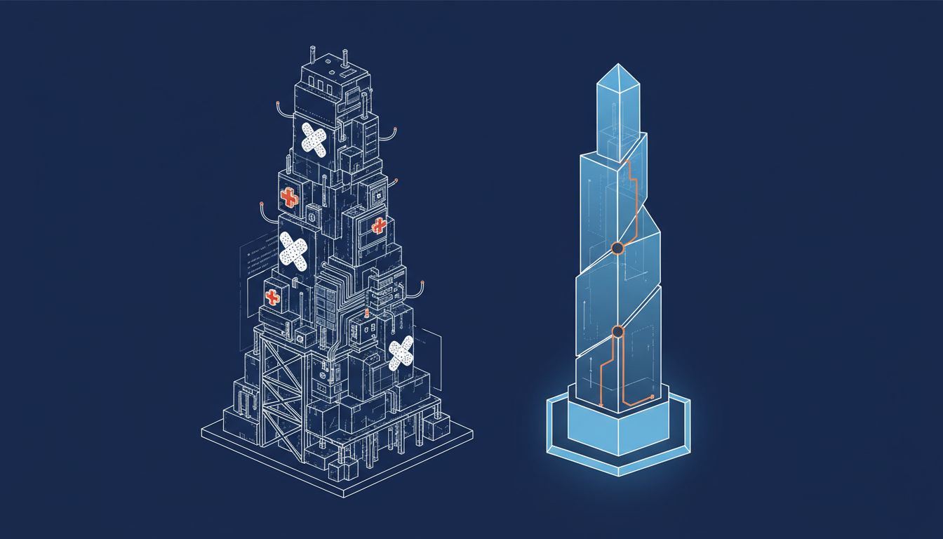 Diagram contrasting a patched legacy software architecture with a clean modern rebuild