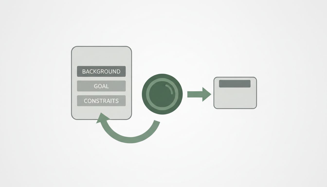 Diagram showing a structured context brief feeding into an AI processing node to produce a useful output