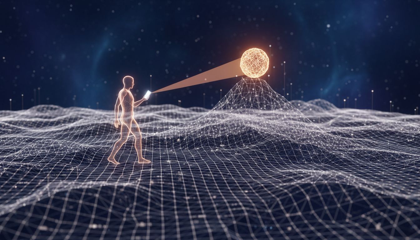 Abstract illustration of a person directing a focused beam of light through a vast probability landscape